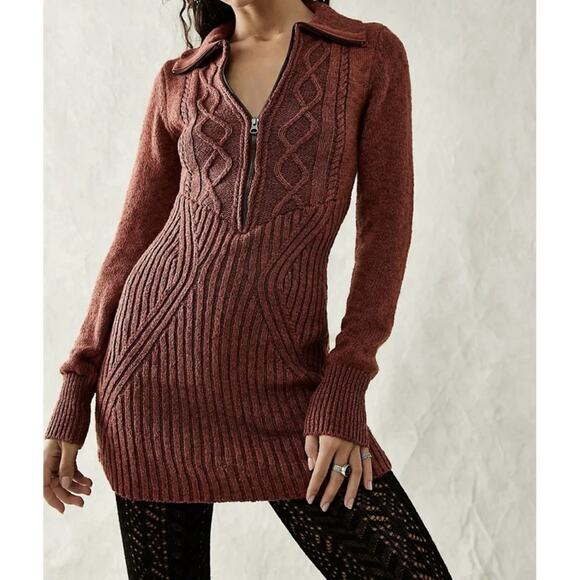 NWT Free People Mont Blanc Red Jasper Cable Knit Sweater Mini Dress - Picture 1 of 8